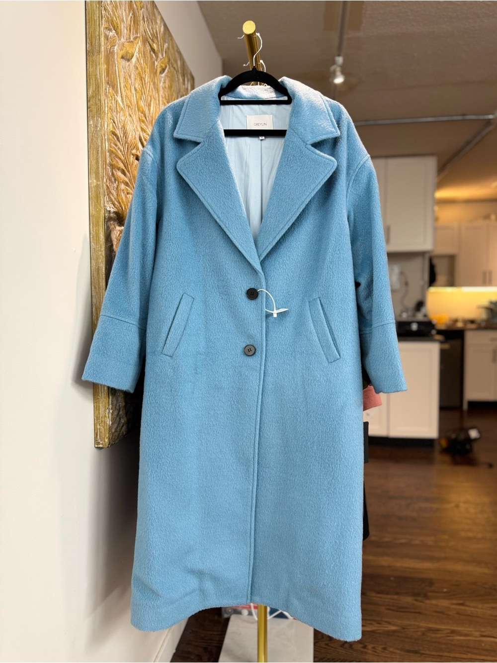 Greylin Powder Blue Long Wool-Blend Trench Coat